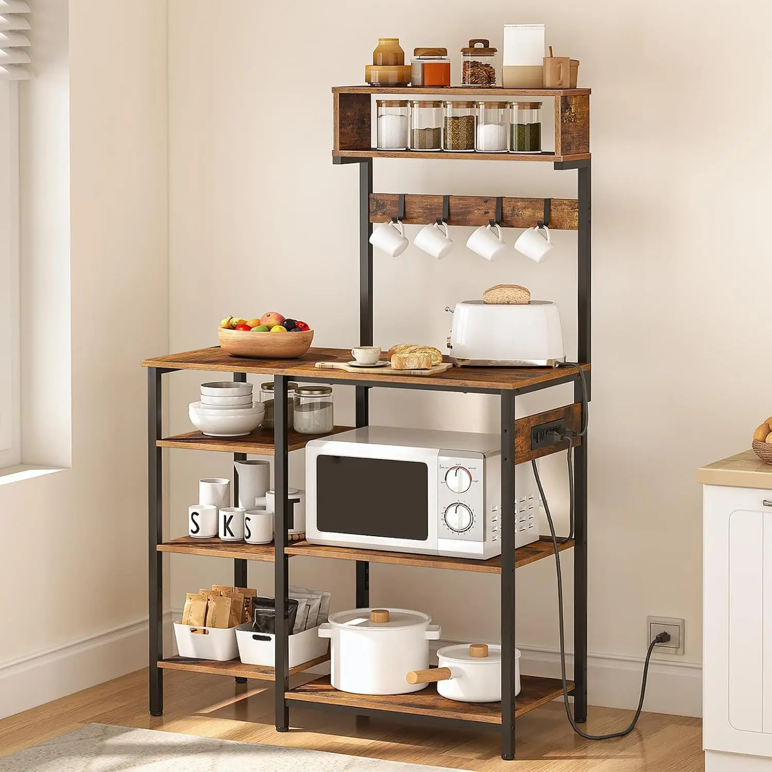 Bakers Ra With Power Outlet, 35.4 Hes Microwave Stand With 4 Hooks, 6 Tiers Kitchen Storage Shelf Ra, Coffee Bar Table, Rustic
Bakers Ra With Power Outlet, 35.4 Hes Microwave Stand With 4 Hooks, 6 Tiers Kitchen Storage Shelf Ra, Coffee Bar Table, Rustic