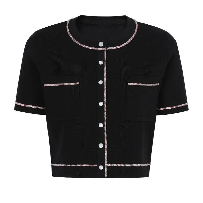 High-Quality Summer New Classic Diamond-Studded Short-Sleeve Women's T-Shirt Knitted Top Elegant Style round Neck Open Cardigan
High-Quality Summer New Classic Diamond-Studded Short-Sleeve Women's T-Shirt Knitted Top Elegant Style round Neck Open Cardigan