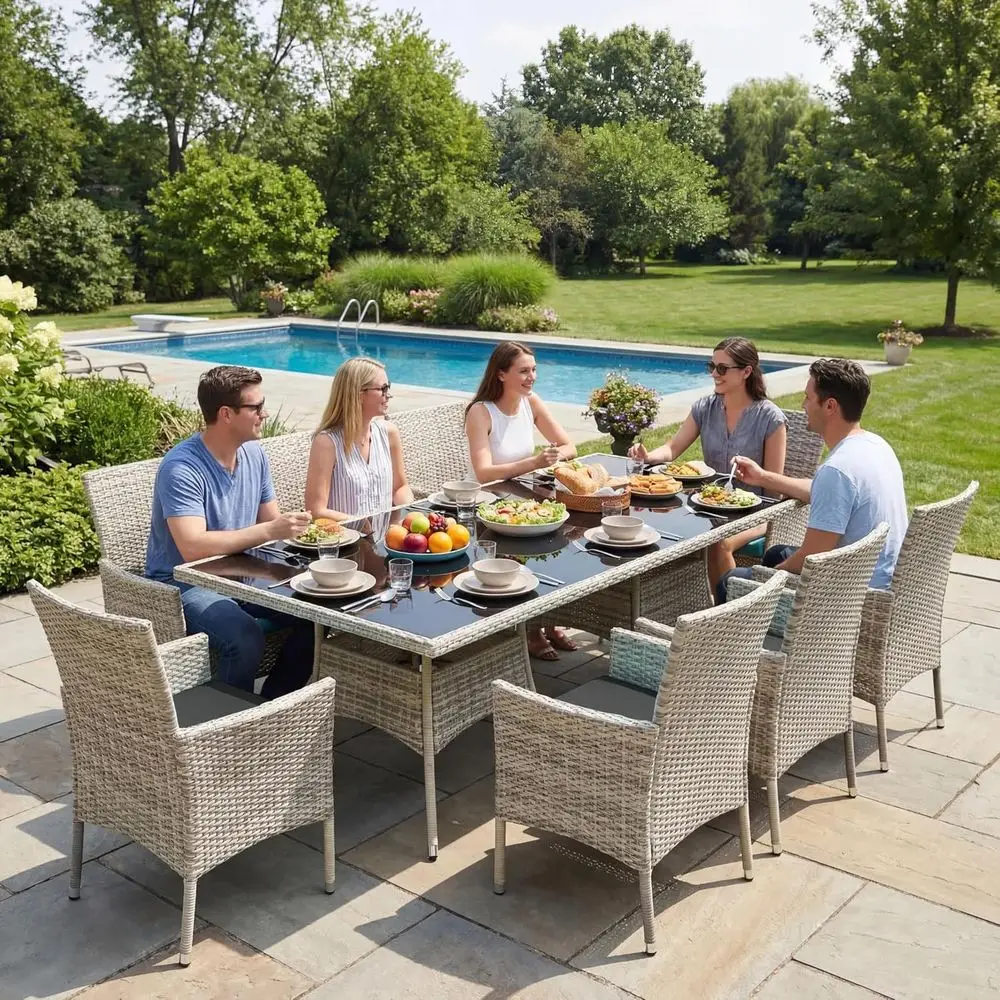 10-Piece Patio Dining Set, Patio urniture Set with Square Tempered Glass Table & 8 Wicker Chairs, Expandable Design or Larger Gr
10-Piece Patio Dining Set, Patio urniture Set with Square Tempered Glass Table & 8 Wicker Chairs, Expandable Design or Larger Gr