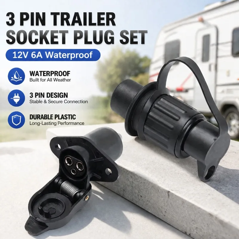 12V 3 Pin Trailer Socket Plug Set, Waterproof Round Tractor Connector 6A for Caravan Truck RV, Male Female Plastic
12V 3 Pin Trailer Socket Plug Set, Waterproof Round Tractor Connector 6A for Caravan Truck RV, Male Female Plastic