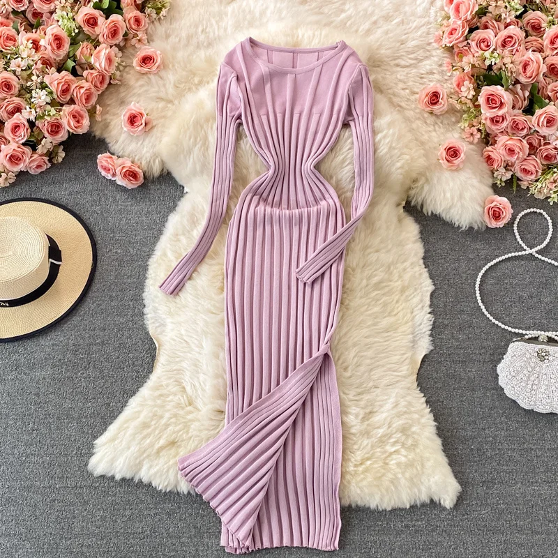 Elegant 2023 New Autumn Winter O Neck Split Tight Elastic Knit Dress Long-sleeved Bottoming Sweater Dresses For Womens Vestidos
Elegant 2023 New Autumn Winter O Neck Split Tight Elastic Knit Dress Long-sleeved Bottoming Sweater Dresses For Womens Vestidos