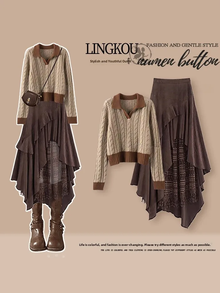 Large Size Autumn Mermaid Knitted Sweater And Asymmetrical Skirt Set Women's Vintage Anti-aging Two-piece Suit Casual Style
Large Size Autumn Mermaid Knitted Sweater And Asymmetrical Skirt Set Women's Vintage Anti-aging Two-piece Suit Casual Style