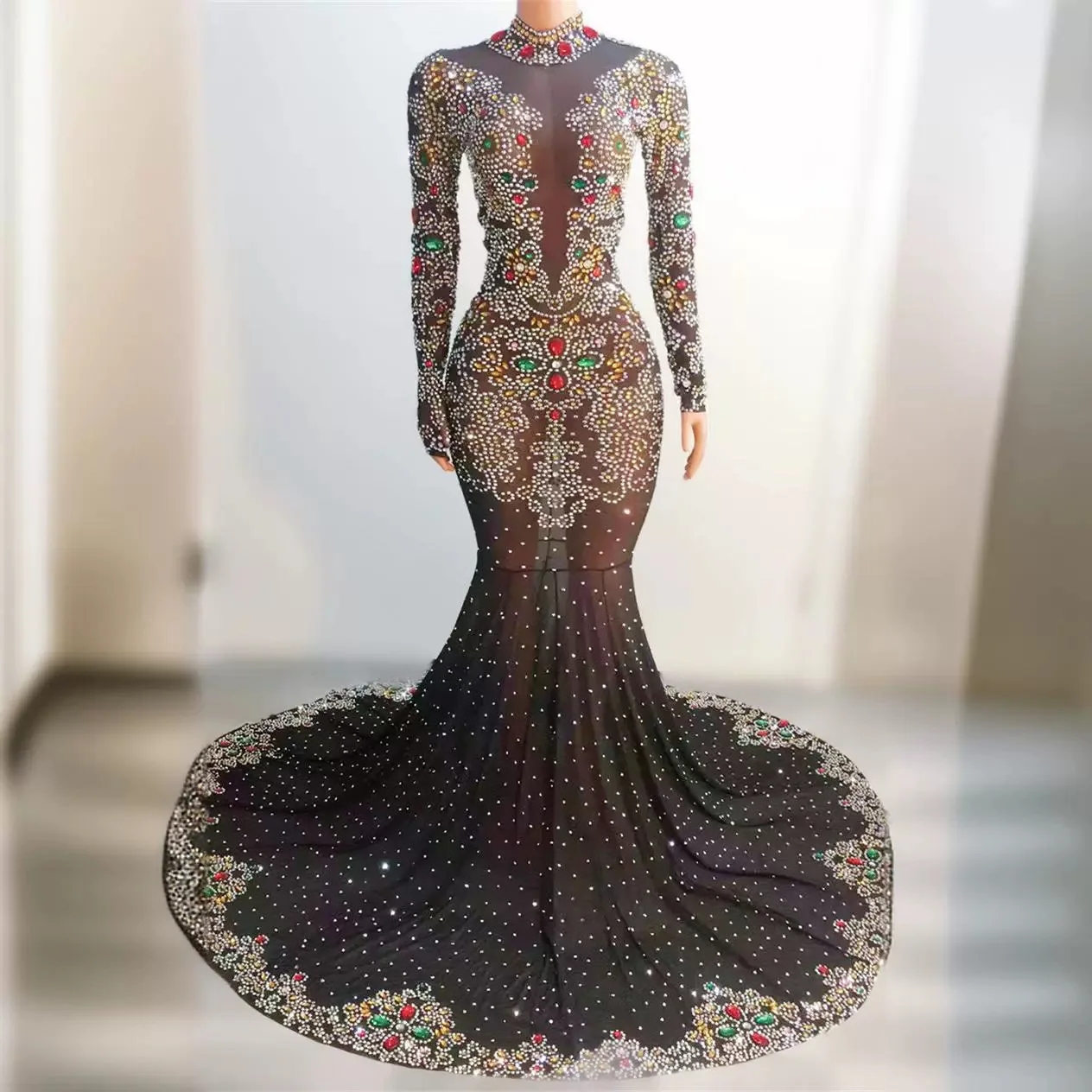 Sexy mesh hot diamond dress hollow perspective slim dress evening dress stage performance
Sexy mesh hot diamond dress hollow perspective slim dress evening dress stage performance