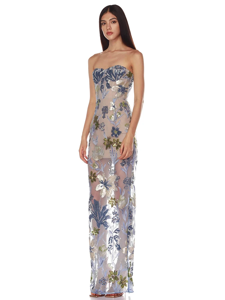 Enchanting Light Blue Strapless Embroidered Mesh Maxi Dress with Floral Motifs for Party Romantic Occasions
Enchanting Light Blue Strapless Embroidered Mesh Maxi Dress with Floral Motifs for Party Romantic Occasions
