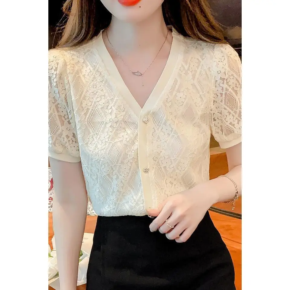 French Fashion Lace Shirt Hollow V-neck Shirt 2025 Summer Chic Short-sleeved Women Top
French Fashion Lace Shirt Hollow V-neck Shirt 2025 Summer Chic Short-sleeved Women Top