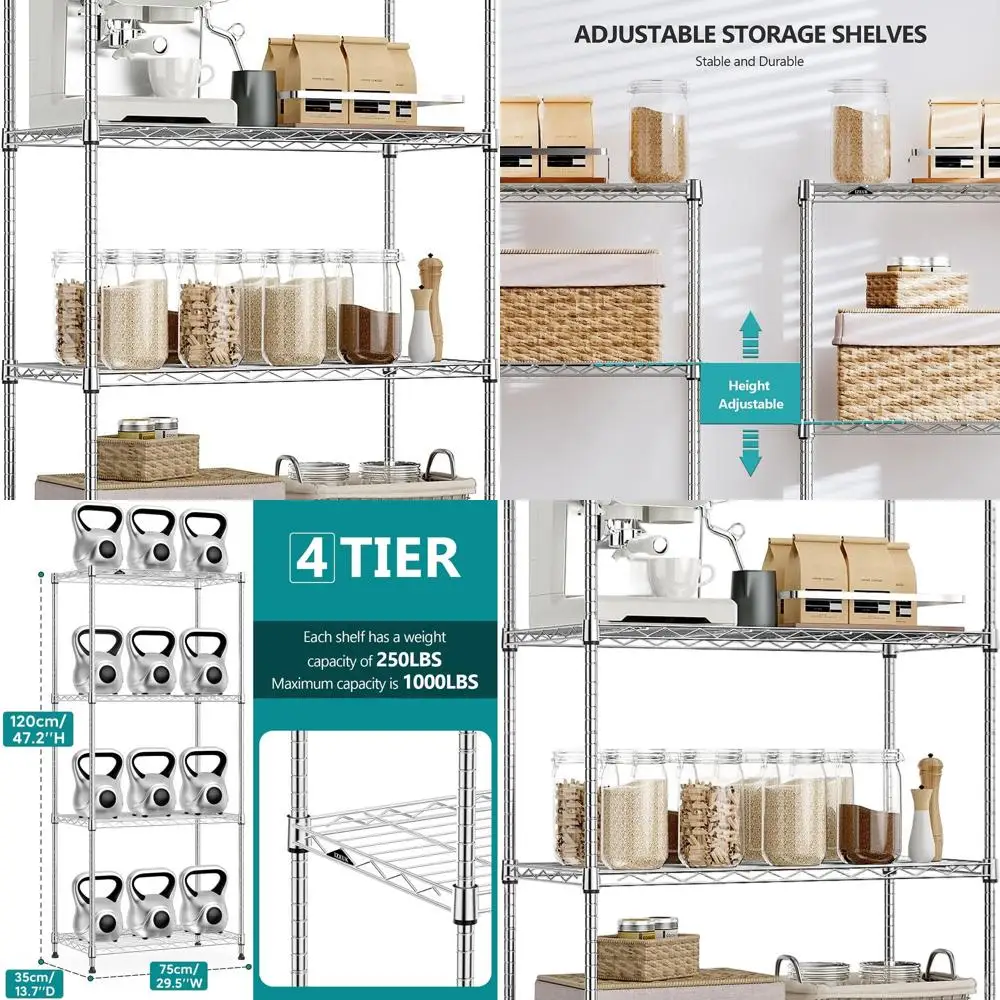 Sturdy 4-Shelf Steel Rack for Kitchen, Home, or Office - Chrome, 29.5W x 13.7D x 47.2H, Holds 1000lbs
Sturdy 4-Shelf Steel Rack for Kitchen, Home, or Office - Chrome, 29.5W x 13.7D x 47.2H, Holds 1000lbs