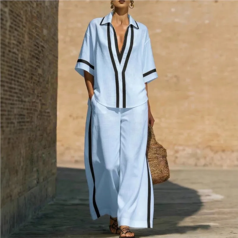 Fashion Striped Patchwork Women's Two-piece Set Summer Loose Lapel Shirt+wide Leg Pants Suit Lady Chic Office Outfit With Pocket
Fashion Striped Patchwork Women's Two-piece Set Summer Loose Lapel Shirt+wide Leg Pants Suit Lady Chic Office Outfit With Pocket