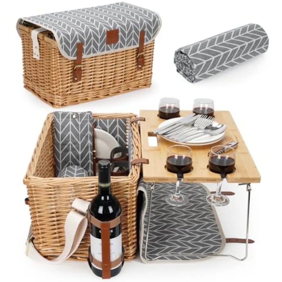 Luxury picnic basket for 4, wicker picnic basket set with blanket and portable table for camping and outdoor party - gray
Luxury picnic basket for 4, wicker picnic basket set with blanket and portable table for camping and outdoor party - gray