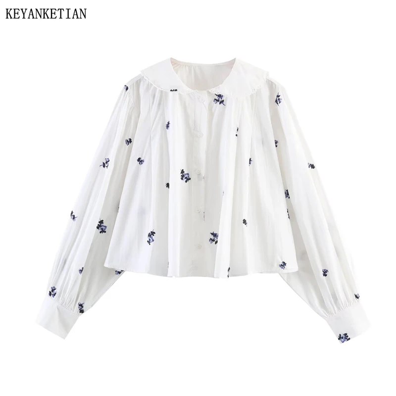 KEYANKETIAN 2026 New Cottagecore Floral Embroidered Shirt Women White Peter Pan Collar Long Sleeve Casual Blouse Loose top
KEYANKETIAN 2026 New Cottagecore Floral Embroidered Shirt Women White Peter Pan Collar Long Sleeve Casual Blouse Loose top