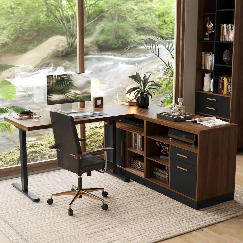 Electric Adjustable L-Shaped Desk, Executive Height, Engineered Wood Surface, Built-in Outlets, Black Walnut Finish
Electric Adjustable L-Shaped Desk, Executive Height, Engineered Wood Surface, Built-in Outlets, Black Walnut Finish