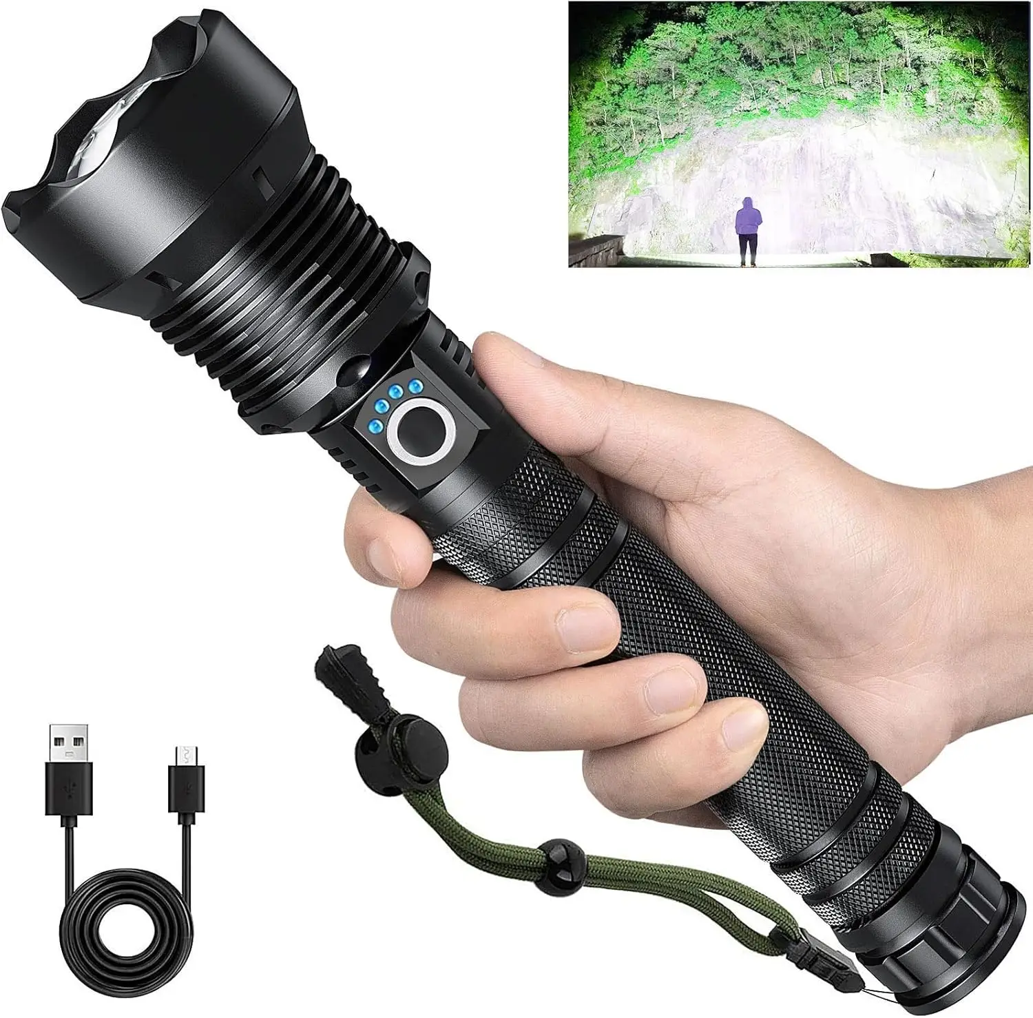 Rechargeable 90,000 Lumens LED Flashlight, USB-C, 5 Modes, Waterproof, for Camping, Hiking, Home
Rechargeable 90,000 Lumens LED Flashlight, USB-C, 5 Modes, Waterproof, for Camping, Hiking, Home