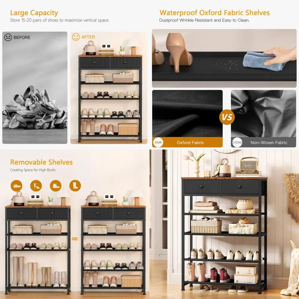 5-Tier Metal Shoe Rack with 2 Drawers, 12-16 Pair Capacity, Fabric Shelves and Wooden Top, Black Shoe Storage Organizer for Entr
5-Tier Metal Shoe Rack with 2 Drawers, 12-16 Pair Capacity, Fabric Shelves and Wooden Top, Black Shoe Storage Organizer for Entr
