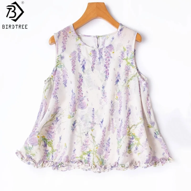Birdtree, 100% Silk Printed Tank Top, O-neck Sleeveless Vest, Women Double Crepe Ruffle Hem Cool Tops, 2026 Summer New T66107JF
Birdtree, 100% Silk Printed Tank Top, O-neck Sleeveless Vest, Women Double Crepe Ruffle Hem Cool Tops, 2026 Summer New T66107JF