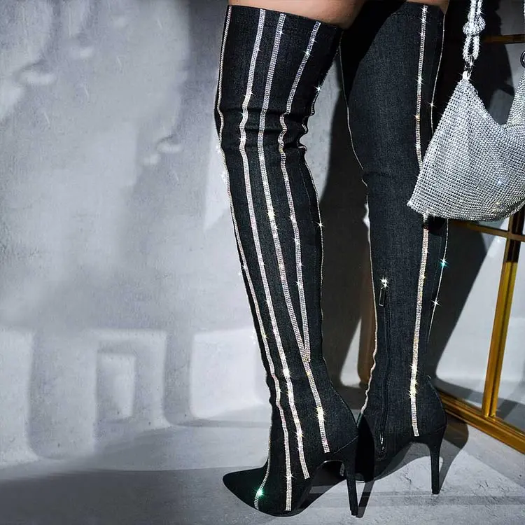 Black Stiletto Heel Rhinestone Striped Thigh Denim Boots for Women Pointy Toe Sexy Lady Party Shoes Dress Summer Casual Shoes
Black Stiletto Heel Rhinestone Striped Thigh Denim Boots for Women Pointy Toe Sexy Lady Party Shoes Dress Summer Casual Shoes
