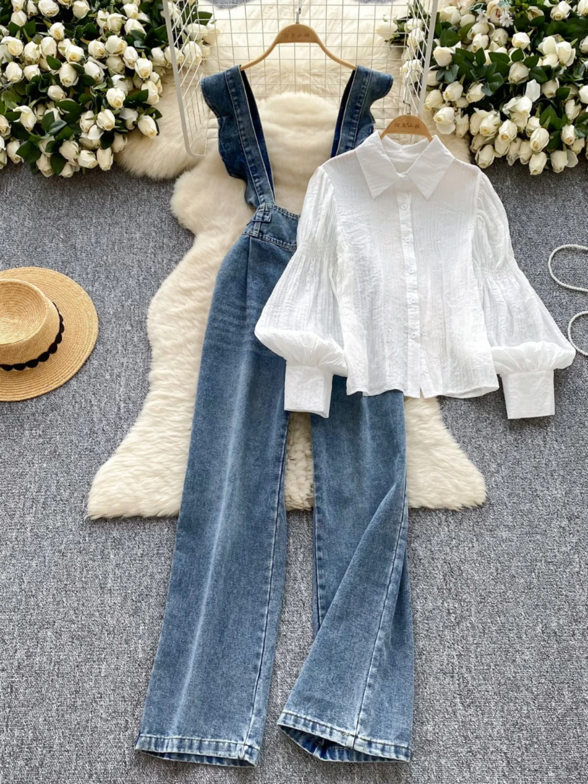 Gentle Wind Women's Faion Loose Lantern Sve White irt + Wood Ear Denim Overalls Set Casual Sli Outfit for Young Ad...
Gentle Wind Women's Faion Loose Lantern Sve White irt + Wood Ear Denim Overalls Set Casual Sli Outfit for Young Ad...