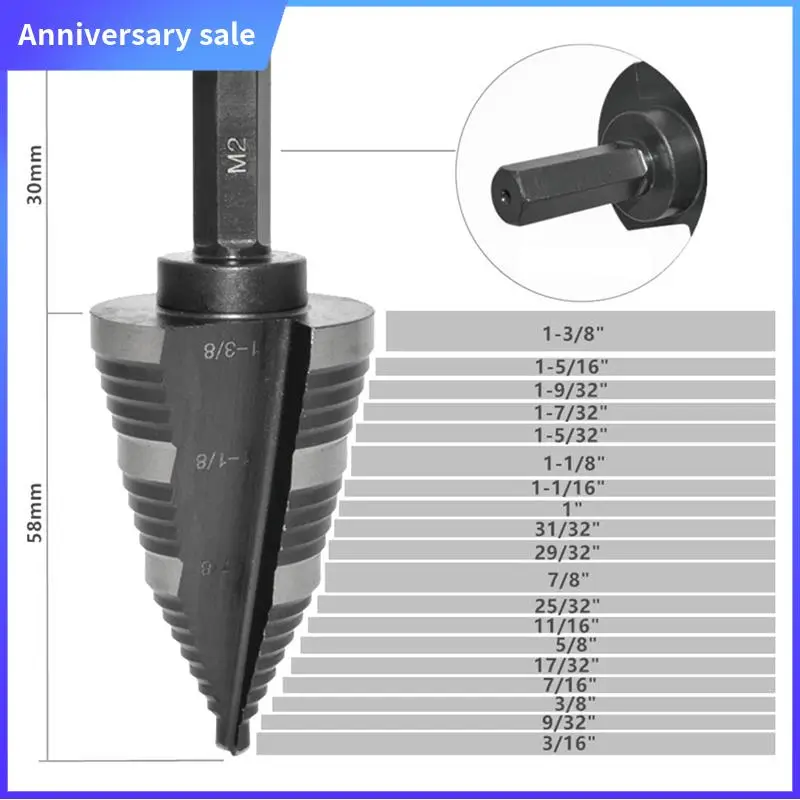 A75P-7/8 To 1-3/8 HSS 6542 Titanium Coated Faster Drilling Step Drill Bit Double Fluted Metals Platic Wood Cone Drill Bits
A75P-7/8 To 1-3/8 HSS 6542 Titanium Coated Faster Drilling Step Drill Bit Double Fluted Metals Platic Wood Cone Drill Bits