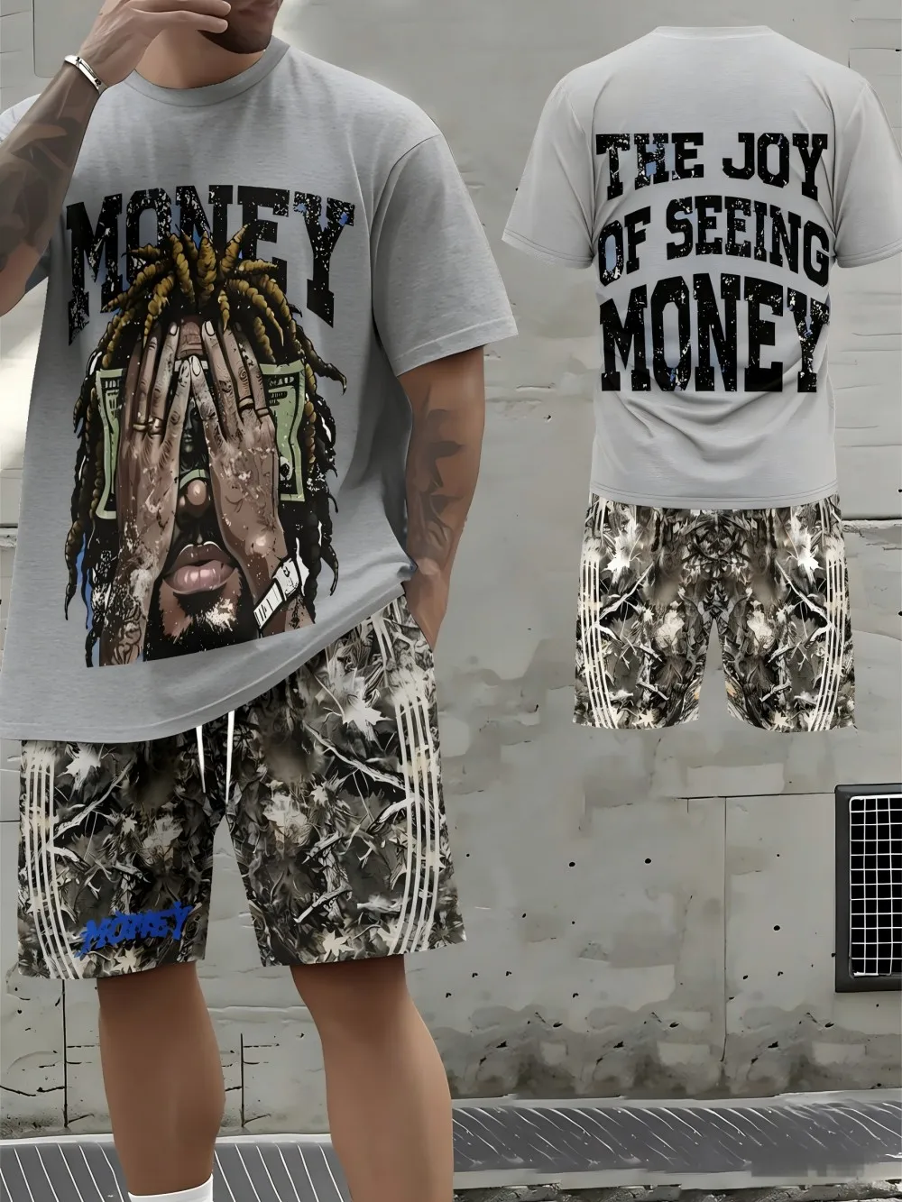 Men's summer wealth figure print comfortable breathable round neck T-shirt drawstring shorts set outdoor streetwear
Men's summer wealth figure print comfortable breathable round neck T-shirt drawstring shorts set outdoor streetwear