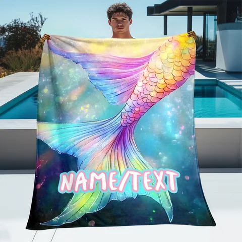 Custom Name Mermaid tail Blanket Flannel Throw, suitable for sofa, bed, birthdays, children, friends, gifts