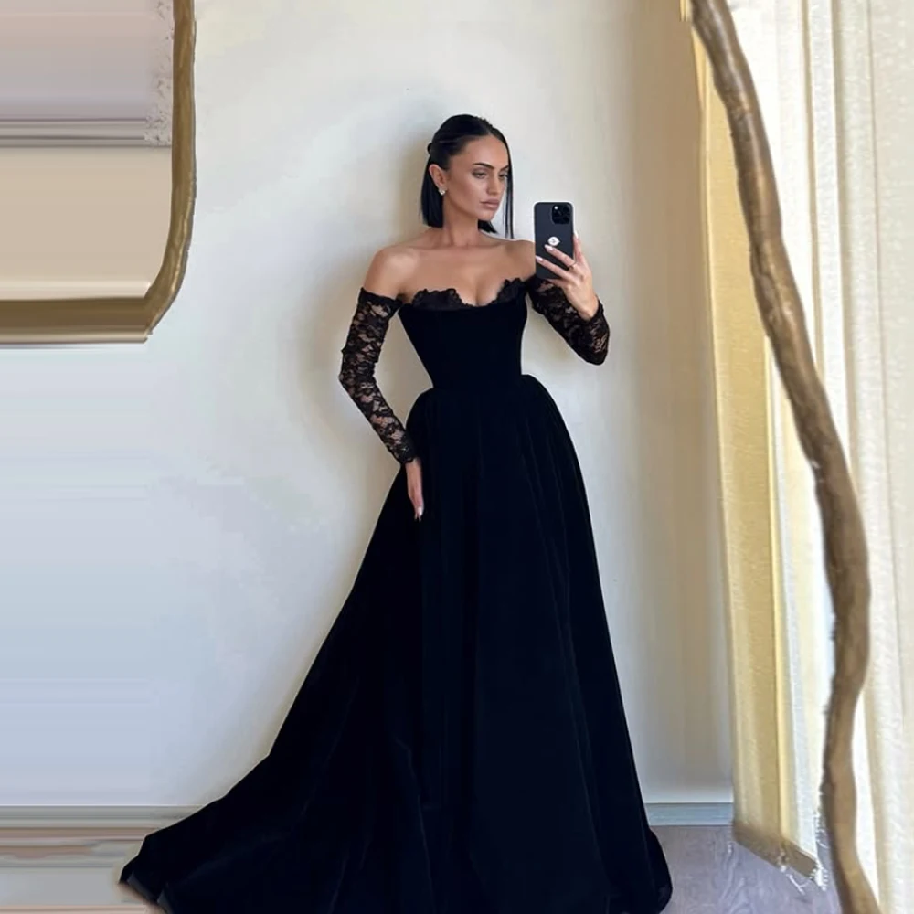 Off Shoulder Black Women Evening Dresses Sweetheart Collar A-Line Prom Gowns Banquet Mopping Length Vestido De Noche Customized
Off Shoulder Black Women Evening Dresses Sweetheart Collar A-Line Prom Gowns Banquet Mopping Length Vestido De Noche Customized
