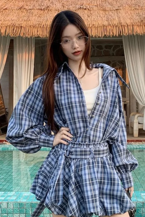 Blue Plaid Shirt for Women Spring American Preppy Style Outerwear with Puffy Bubble Skirt Shorts Set Two Piece Schoolgirl Outfit
Blue Plaid Shirt for Women Spring American Preppy Style Outerwear with Puffy Bubble Skirt Shorts Set Two Piece Schoolgirl Outfit