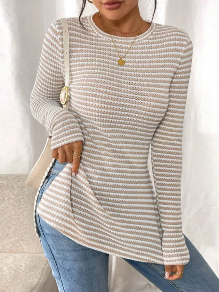 Autumn Top Slim Slit Round Neck Striped Long Sleeve Tops For Women All-match Blusas Casual Contrast Comfortable Simple Style
Autumn Top Slim Slit Round Neck Striped Long Sleeve Tops For Women All-match Blusas Casual Contrast Comfortable Simple Style
