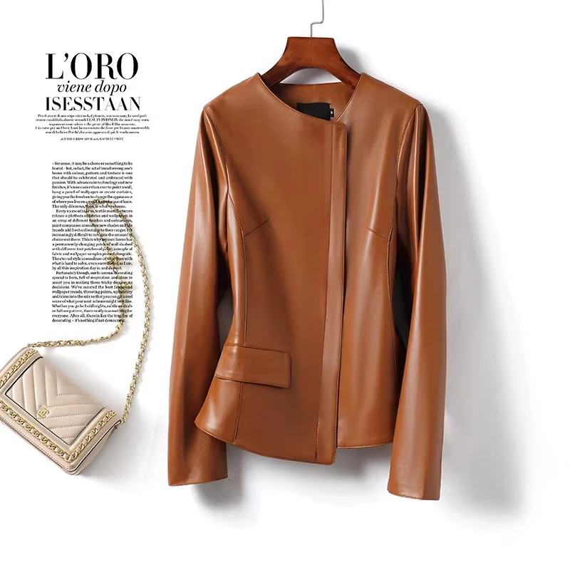 New Women Spring Autumn Split Leather Jacket Fashion O-Neck Long Sleeve Asymmetric Slim Leather Jacket Casual Short Coat
New Women Spring Autumn Split Leather Jacket Fashion O-Neck Long Sleeve Asymmetric Slim Leather Jacket Casual Short Coat
