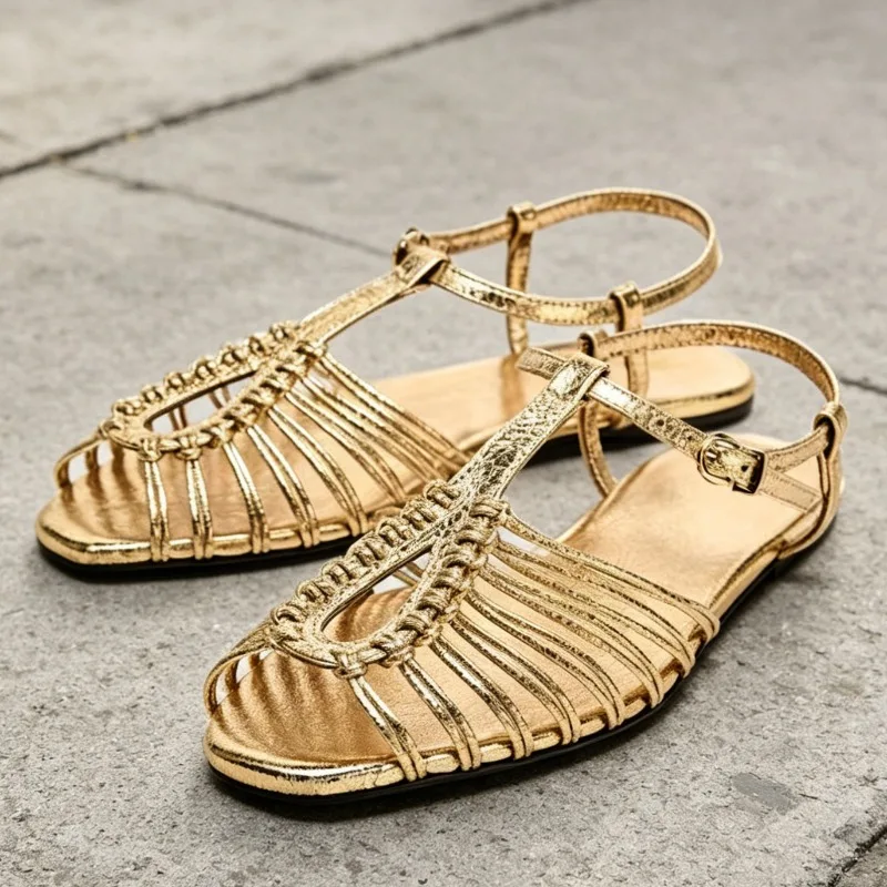 Metallic Woven Cage Flat Sandals Women Luxury Brand Ankle Strap Buckle Gladiator Sandals Casual Round Toe Hollow Beach Shoes
Metallic Woven Cage Flat Sandals Women Luxury Brand Ankle Strap Buckle Gladiator Sandals Casual Round Toe Hollow Beach Shoes