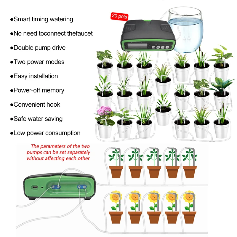 Automatic Double Pump Watering Device Set for 20 Potted Plants Drip Irrigation System Kit 30-Days Programmable Watering Timer
Automatic Double Pump Watering Device Set for 20 Potted Plants Drip Irrigation System Kit 30-Days Programmable Watering Timer