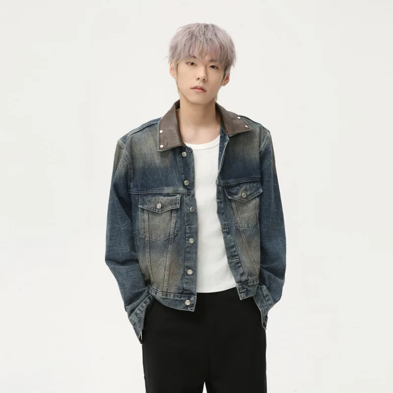 SYUHGFA 2025 Metal Rivets Men's Denim Coats PU Leather Patchwork Lapel Single Breasted Tops Niche Design Dirty Dye Male Jackets
SYUHGFA 2025 Metal Rivets Men's Denim Coats PU Leather Patchwork Lapel Single Breasted Tops Niche Design Dirty Dye Male Jackets