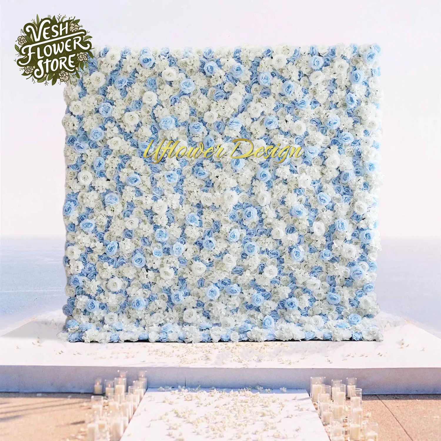 Uflower 3D Blue rose rice white hydrangea artificial plant flower wall wedding background decoration party event layout
Uflower 3D Blue rose rice white hydrangea artificial plant flower wall wedding background decoration party event layout