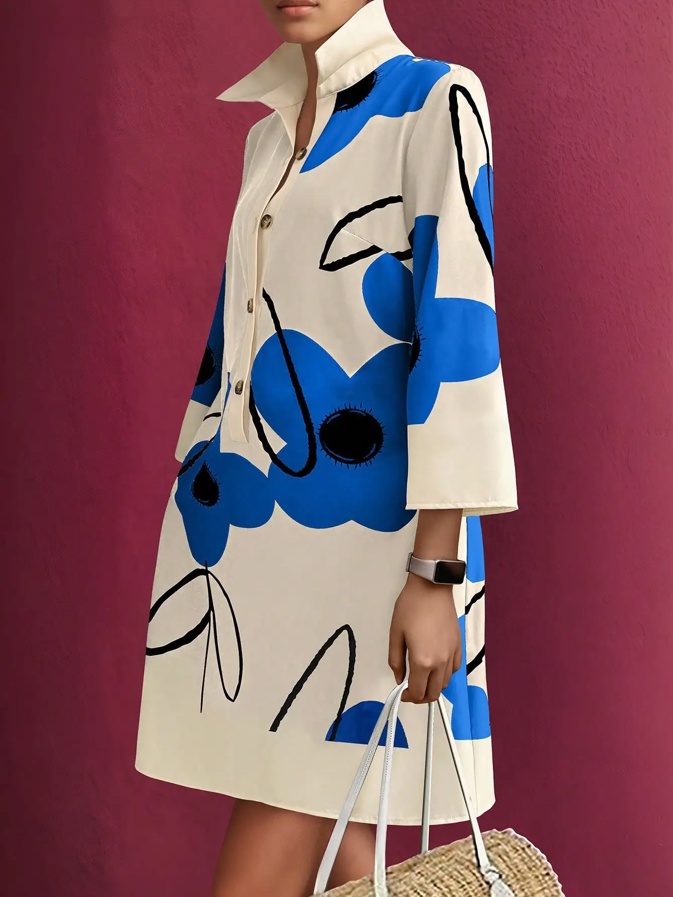 Платье-рубашка больших размеров с абстрактным синим цветочным принтом и пуговицами спереди для весны и лета
Платье-рубашка больших размеров с абстрактным синим цветочным принтом и пуговицами спереди для весны и лета