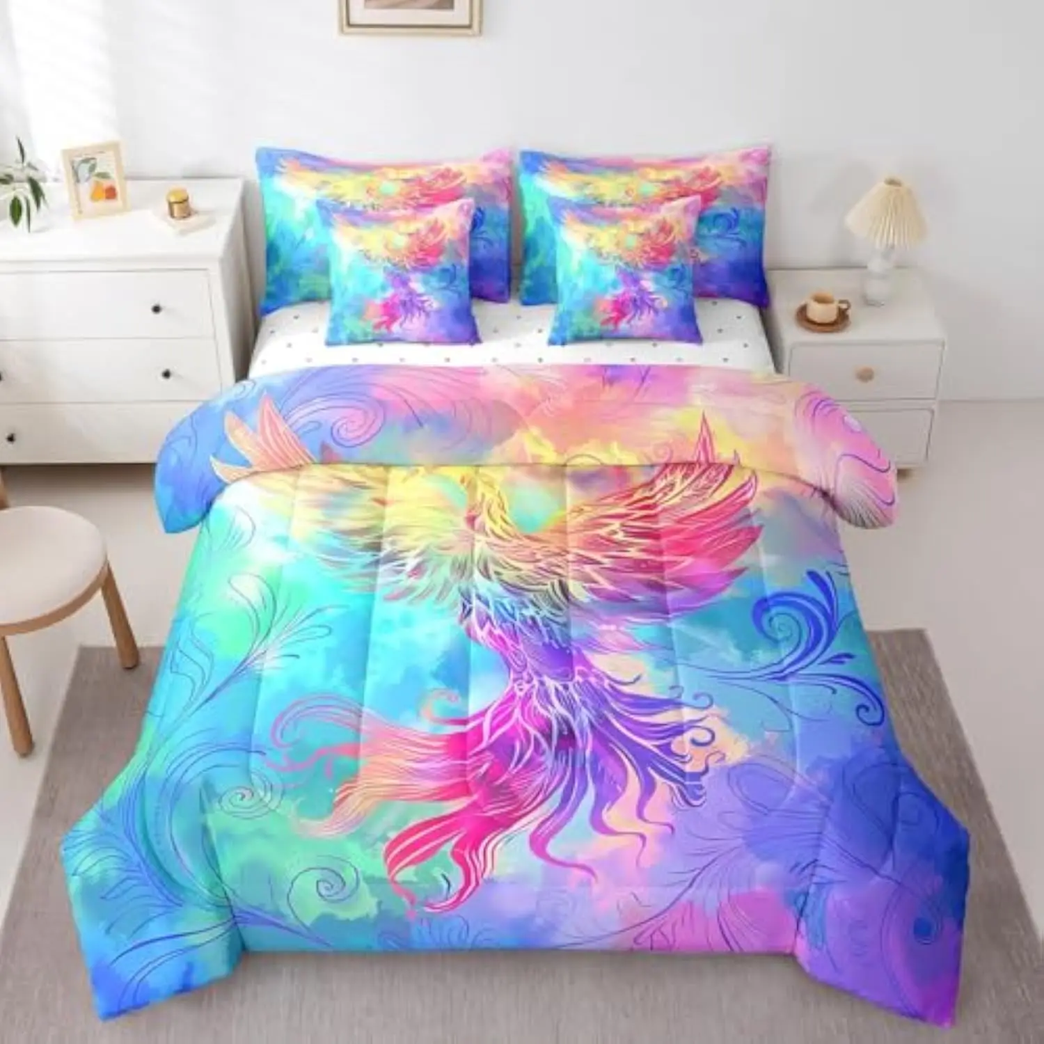 7 Piece Phoenix Bed in A Bag Full Colorful Magic Bird Bed Set,Watercolor Tie Dye Bedding Set with Comforter Western Gothic Boh
7 Piece Phoenix Bed in A Bag Full Colorful Magic Bird Bed Set,Watercolor Tie Dye Bedding Set with Comforter Western Gothic Boh