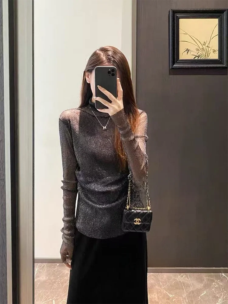 Fashionable Long Sleeve Knitted Mesh Base Layer Top for Women Shiny Elegant Slim Fit Nylon Fabric Simple Style Spring Collection
Fashionable Long Sleeve Knitted Mesh Base Layer Top for Women Shiny Elegant Slim Fit Nylon Fabric Simple Style Spring Collection