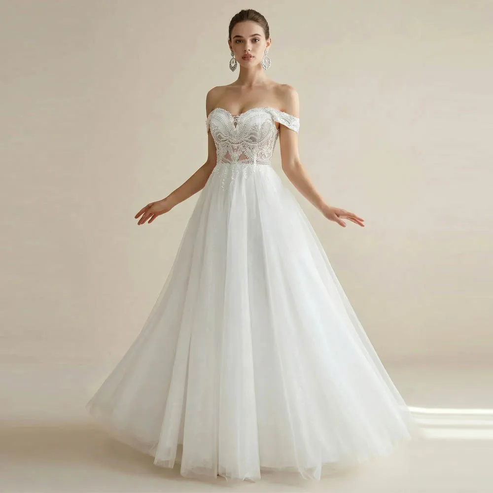 Customized Elegant Off Shoulder Corset Lace Embellished Tulle Wedding Gown Sparkle A-Line Bridal Dress Bridal Gown
Customized Elegant Off Shoulder Corset Lace Embellished Tulle Wedding Gown Sparkle A-Line Bridal Dress Bridal Gown