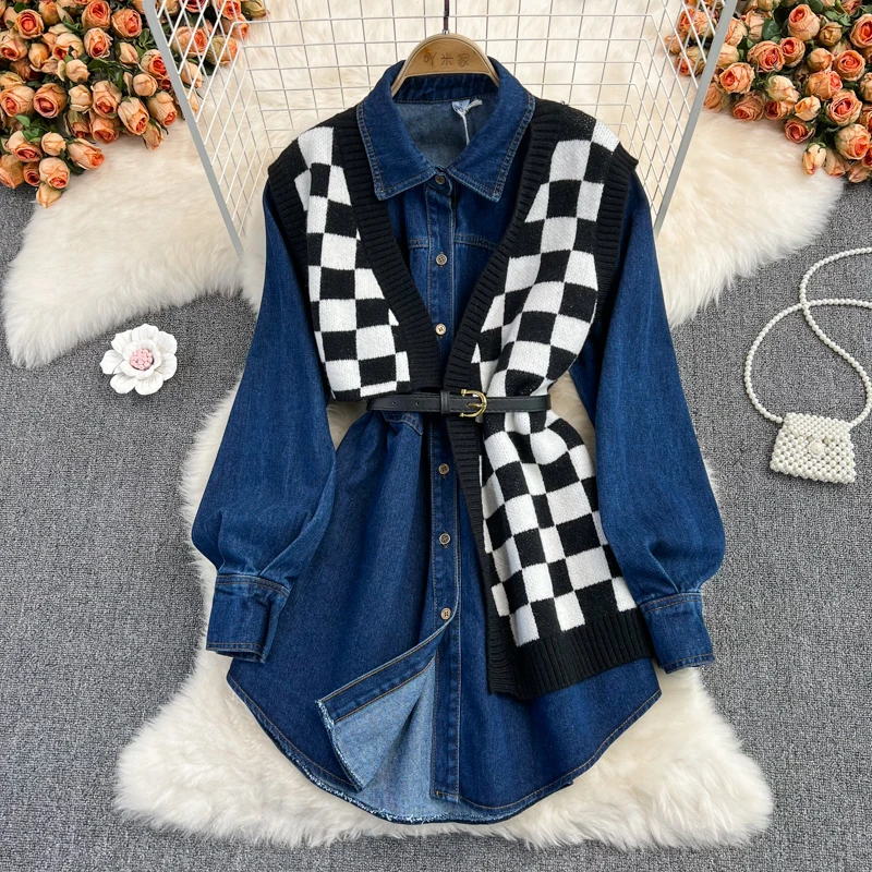 Retro Two-piece Knit Sweater Checkerboard Vest Patchwork Denim Dress Fashion Single Breasted Jacket for Women
Retro Two-piece Knit Sweater Checkerboard Vest Patchwork Denim Dress Fashion Single Breasted Jacket for Women
