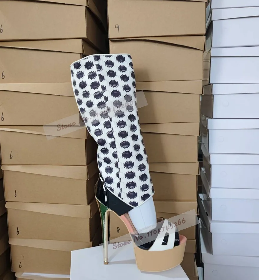 Women White Black Polka Dots Summer Boots Thin High Heel Platform Long Sandal Boots Color Patchwork Open Toe Dress Shoes
Women White Black Polka Dots Summer Boots Thin High Heel Platform Long Sandal Boots Color Patchwork Open Toe Dress Shoes
