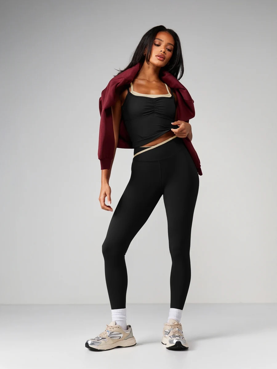 Burgundy Ruched Crop Tank Top And High Waisted Leggings Set With Beige Trim Athletic Co Ord
Burgundy Ruched Crop Tank Top And High Waisted Leggings Set With Beige Trim Athletic Co Ord