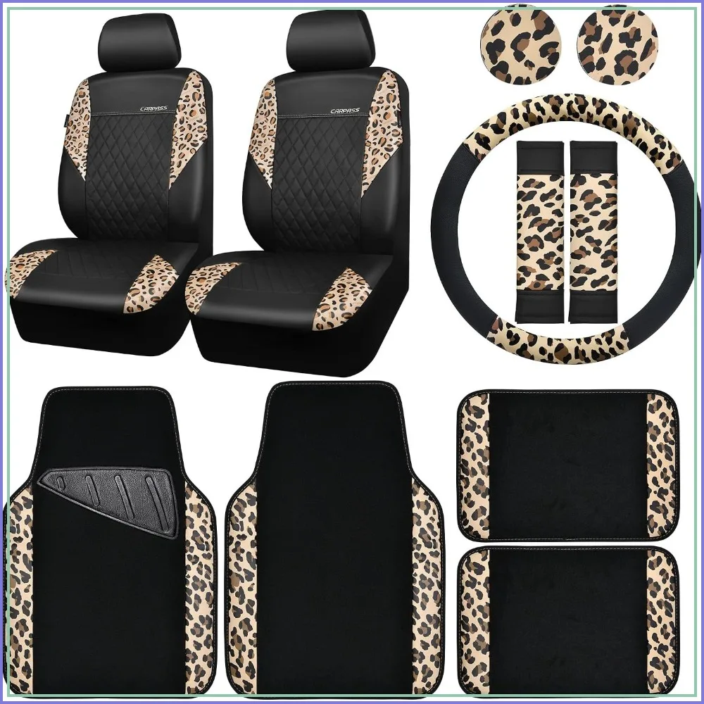Leopard Print Faux Leather Car Seat Covers Set with Floor Mats & Steering Wheel Cover, Universal Fit for SUV Truck Sedan
Leopard Print Faux Leather Car Seat Covers Set with Floor Mats & Steering Wheel Cover, Universal Fit for SUV Truck Sedan
