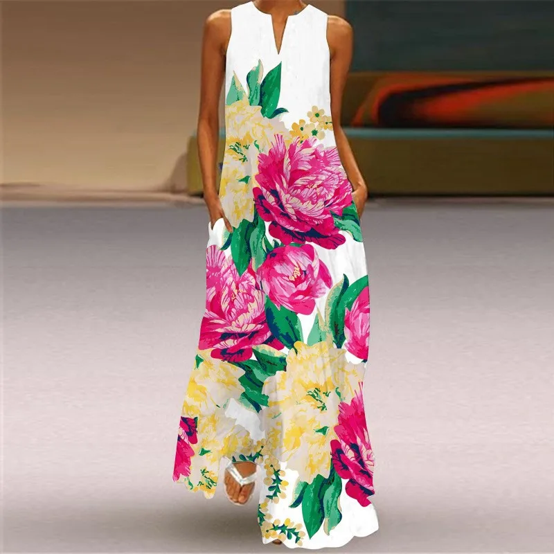 Women Print Dresses V Neck Sleeveless Spliced Pockets Floor Length Dress A Line Lady Casual Vestidos Maxi Beach Summer 2025
Women Print Dresses V Neck Sleeveless Spliced Pockets Floor Length Dress A Line Lady Casual Vestidos Maxi Beach Summer 2025