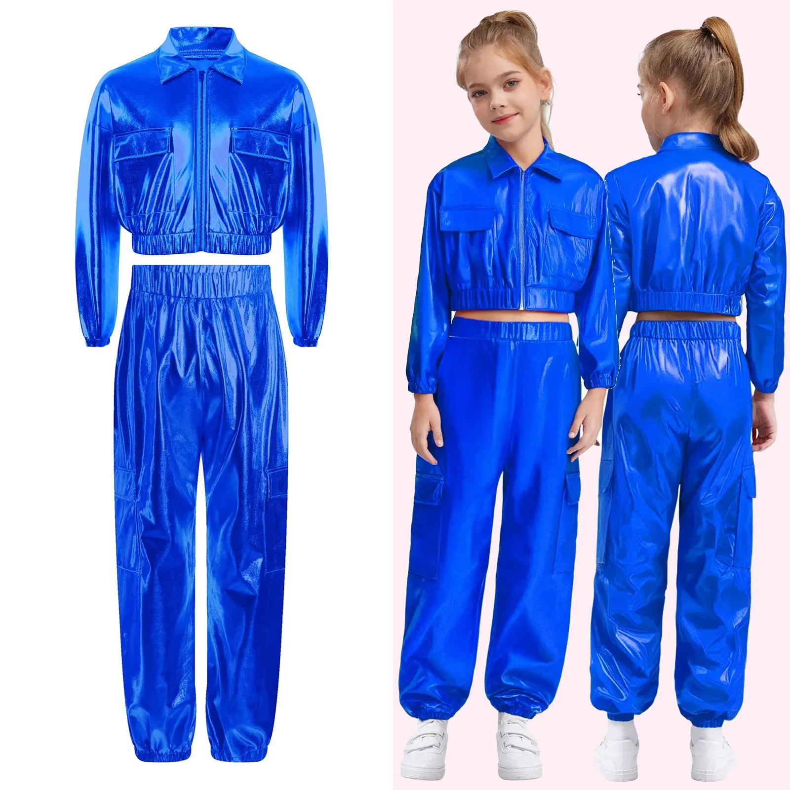 Kid Boys Girls Metallic Tracksuits Long Sleeve Jacket Outwear with Pants for Hip-Hop Modern Jazz Dance Performance Dancewear Set
Kid Boys Girls Metallic Tracksuits Long Sleeve Jacket Outwear with Pants for Hip-Hop Modern Jazz Dance Performance Dancewear Set