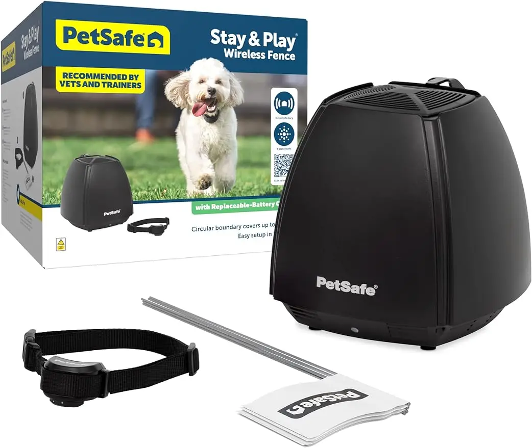 Stay & Play Wireless Pet Fence & Replaceable Battery Collar - Circular Boundary Secures up to 3/4 Acre Yard, No-Dig
Stay & Play Wireless Pet Fence & Replaceable Battery Collar - Circular Boundary Secures up to 3/4 Acre Yard, No-Dig
