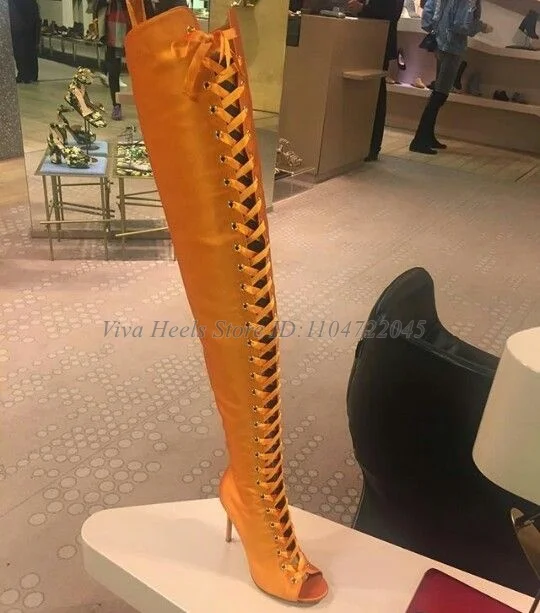Peep Toe Lace up Satin Thigh High Boots Women's Sexy High Heels Black/Orange/Red Soft Long Boot Luxury Designer Party Shoes
Peep Toe Lace up Satin Thigh High Boots Women's Sexy High Heels Black/Orange/Red Soft Long Boot Luxury Designer Party Shoes