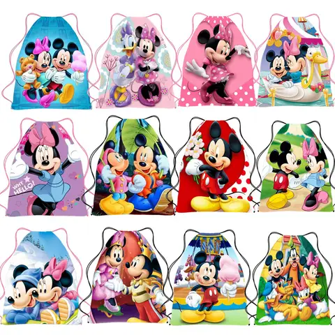 Sacs à dos d'école de natation Non tissés à cordon, cadeaux de fête d'anniversaire, la Minnie Mickey Mouse rouge, 6/24 pièces