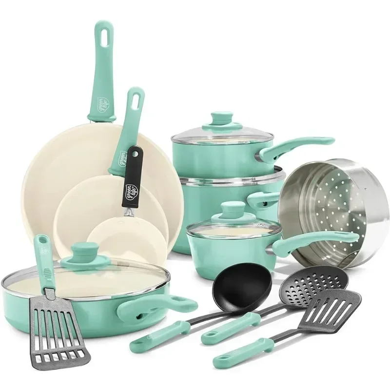Ceramic Nonstick 16 Piece Kitchen Cookware Pots and Frying Sauce Pans Set, Turquoise
Ceramic Nonstick 16 Piece Kitchen Cookware Pots and Frying Sauce Pans Set, Turquoise