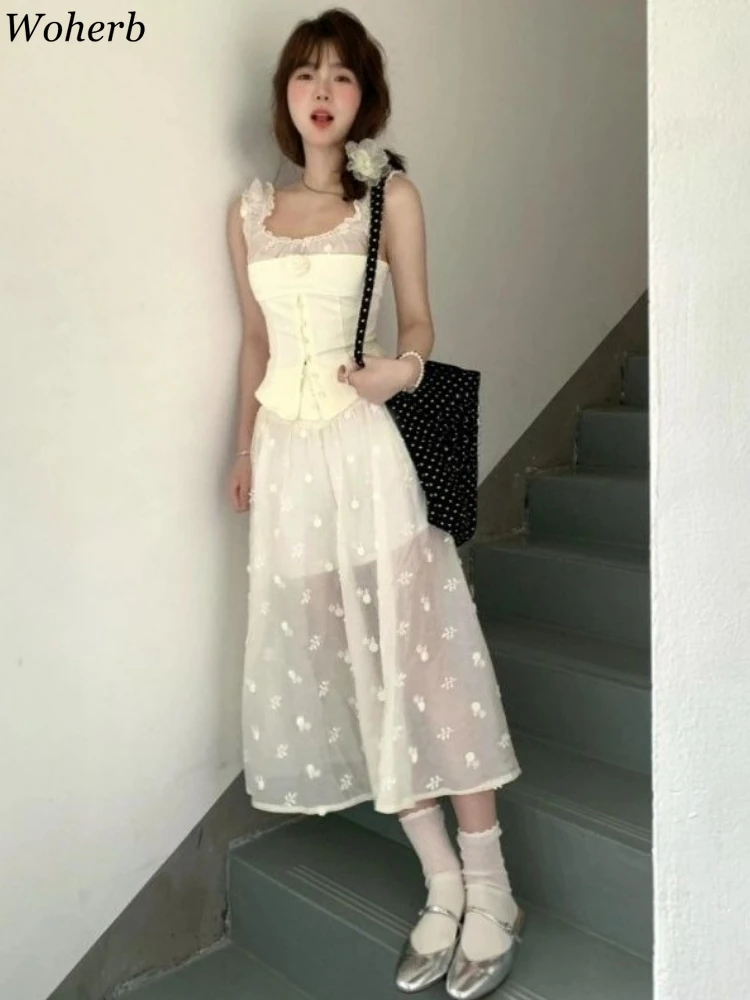 Sweet 2 Piece Sets for Women Korean Sleeveless Patchwork Top + High Waist A-line See Through Skirts Outfits Summer Fashion Suit
Sweet 2 Piece Sets for Women Korean Sleeveless Patchwork Top + High Waist A-line See Through Skirts Outfits Summer Fashion Suit