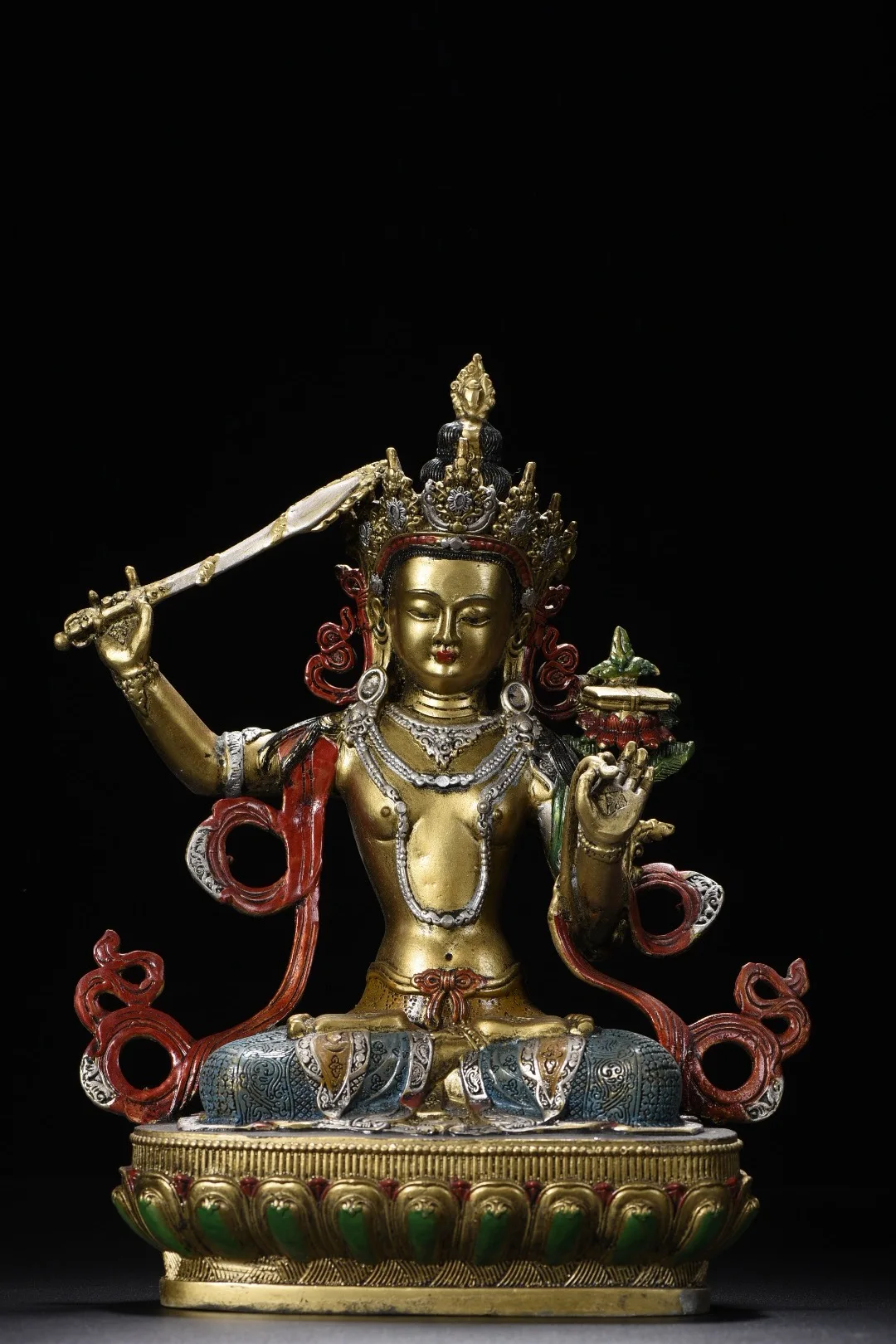 11"Xizang Folk Old Bronze Painted Manjusri Bodhisattva Buddha Lotus Terrace Amitabha Worship Hall Town house
11"Xizang Folk Old Bronze Painted Manjusri Bodhisattva Buddha Lotus Terrace Amitabha Worship Hall Town house