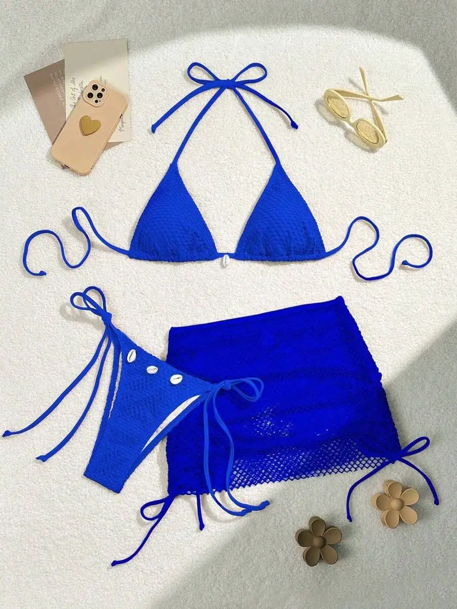 Blue Mesh Halter Triangle Bikini Set With Shell Decor And Cover Up Skirt
Blue Mesh Halter Triangle Bikini Set With Shell Decor And Cover Up Skirt