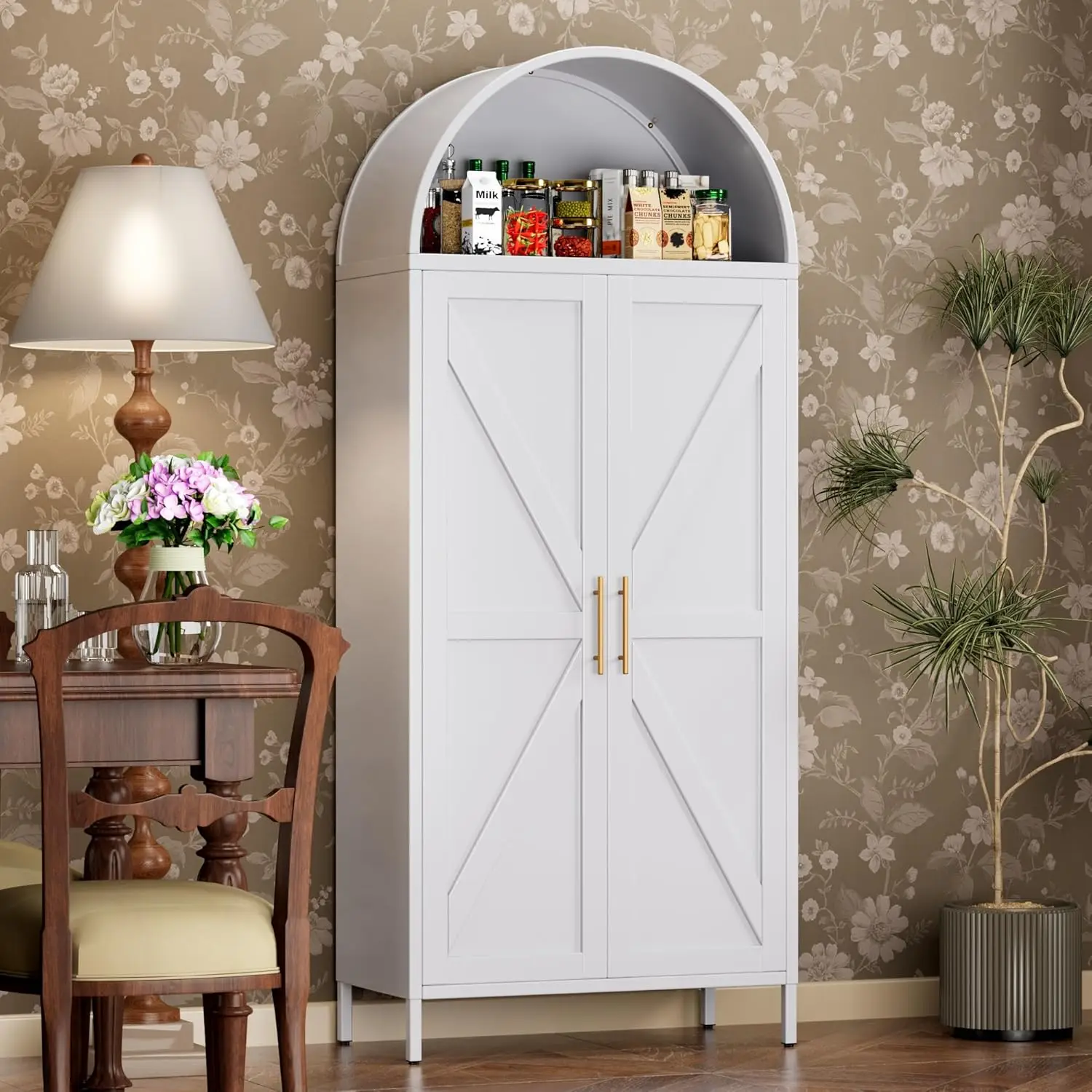 Metal Arched Pantry Cabinet with 4 Adjustable Shelves,White Tall Arched Cabinet with 2 Doors for Kitchen,Dining, Customized
Metal Arched Pantry Cabinet with 4 Adjustable Shelves,White Tall Arched Cabinet with 2 Doors for Kitchen,Dining, Customized