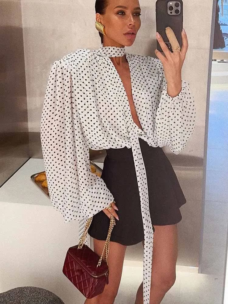 MCDV элегантный шарф с v-образным вырезом, рубашки в горошек, женские осенние рубашки с фонариками и длинными рукавами, свободные сексуальные блузки, топы, новинка 2023 года, темперамент 
MCDV элегантный шарф с v-образным вырезом, рубашки в горошек, женские осенние рубашки с фонариками и длинными рукавами, свободные сексуальные блузки, топы, новинка 2023 года, темперамент