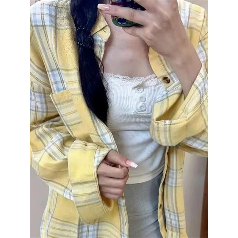 Hong retro yellow plaid women, long sleeve, new loose lazy style outerwear shirt autumn
Hong retro yellow plaid women, long sleeve, new loose lazy style outerwear shirt autumn